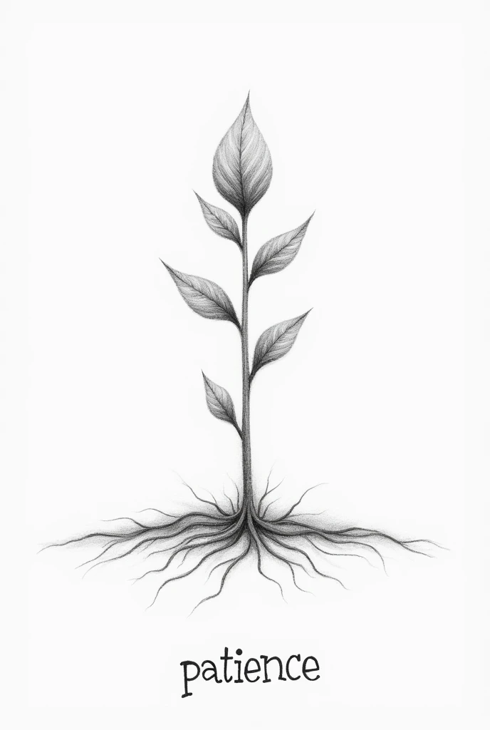 Draw a pencil sketch and Illustrate a growing plant or a clock to symbolize the passage of time. Place the word "Patience" beneath the image, written in a font that looks like it’s slowly stretching out.
