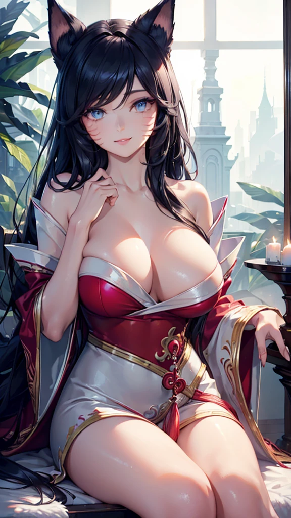 (best quality,ultra-detailed,realistic:1.37),Ahri,spa,luxurious,relaxing atmosphere,beautiful detailed eyes,beautiful detailed lips,smiling,bathrobe,sitting upright,black hair,nine white tails,peaceful background,portraits,vivid colors,soft lighting,tranquil ambiance, bare breasts