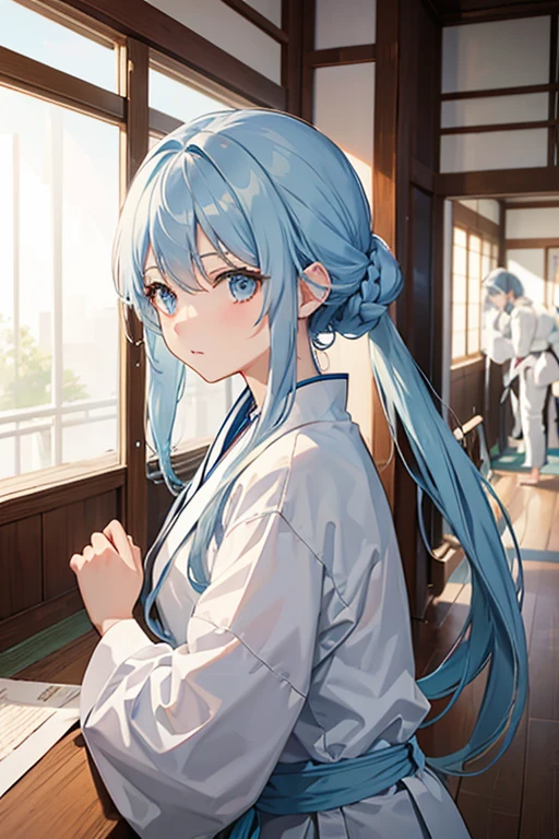 Light blue long hair tied up、A woman wearing a white uniform、Inside the dojo、human、Fighter