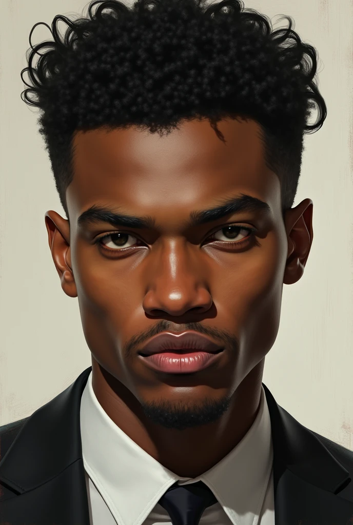 a man with black hair in very short curls with a square face with marked eyebrows and well defined thin lips and a wide white nose