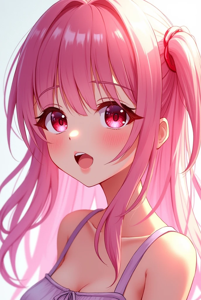 glowart: 1.0), (bright, sketch, drawing: 1.0), 1girl, bangs,Cute Anime,red eyes bright relucent light in hair, blush, collarbone, hair between eyes, long hair, looking at viewer, bra, open mouth, pink hair, portrait, shiny, shiny hair, side ponytail,