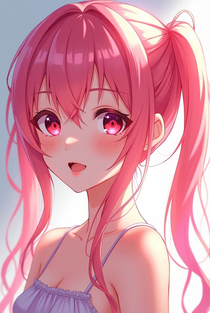 glowart: 1.0), (bright, sketch, drawing: 1.0), 1girl, bangs,Cute Anime,red eyes bright relucent light in hair, blush, collarbone, hair between eyes, long hair, looking at viewer, bra, open mouth, pink hair, portrait, shiny, shiny hair, side ponytail,