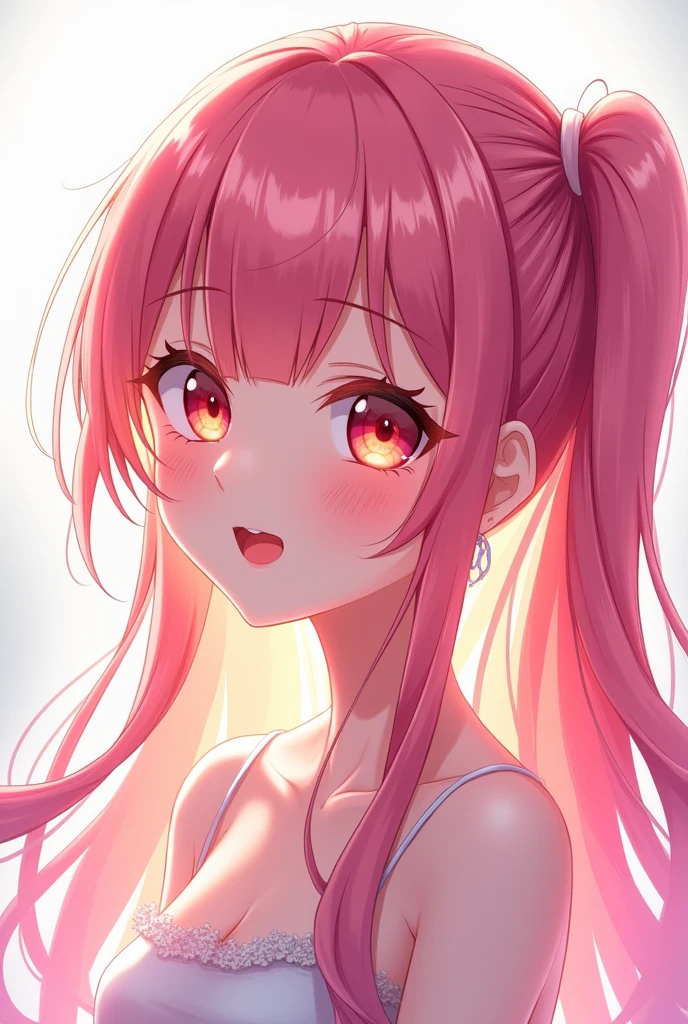 glowart: 1.0), (bright, sketch, drawing: 1.0), 1girl, bangs,Cute Anime,red eyes bright relucent light in hair, blush, collarbone, hair between eyes, long hair, looking at viewer, bra, open mouth, pink hair, portrait, shiny, shiny hair, side ponytail,