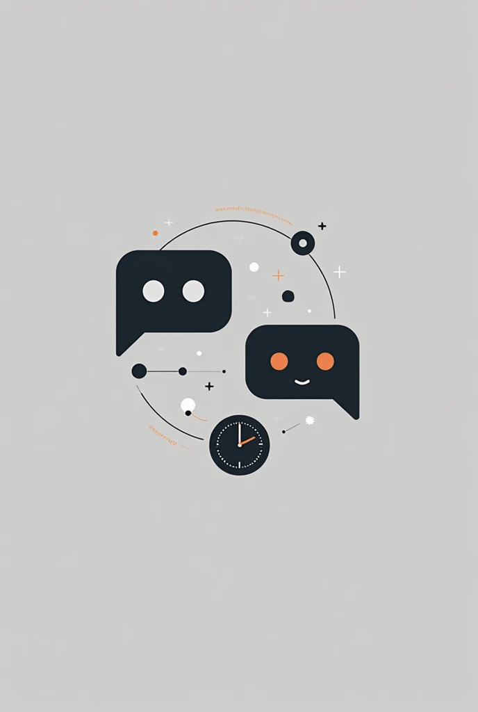 vector image, logo, monochrome, 2 chat icons interspersed with a small clock icon, suggesting time savings and improved efficiency, artificial intelligence