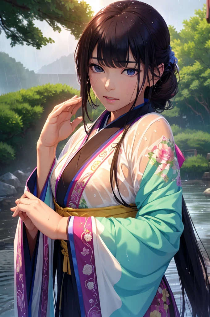 Heavy rain background、field、in the forest、walking in the river、On the run、In the fog (Highest quality,4K,8k,High resolution,masterpiece:1.2), Very detailed, (Realistic,Realistic,Photorealistic:1.37), High resolution, Hyper HD, Studio Lighting, Ultra-fine painting, Sharp focus, Physically Based Rendering, Very detailed説明, Professional, Vibrant colors, Bokeh, Sports Late, Ancient War Landscapes, Traditional Chinese Painting Techniques, Atmospheric lighting, Vivid color contrast, Ethereal atmosphere,Very detailed目と顔, Beautiful attention to detail, Light on the face,豪華なHanfu (Hanfu: 1.1),My whole body is wet、My clothes are wet and transparent、Nipples are visible、nipples color pale pink、Dynamic pose、Rain clouds spreading across the sky、Heavy rain weather、Pouring rain、Wind and rain storm、((Soaked skin from head to toe))、((Rain-soaked clothes(Rain dripping from clothes))、((The lines of your body are clearly visible through your wet clothes..))、Green Eyes、Tired look、Disheveled clothing、Slim figure、Small breasts