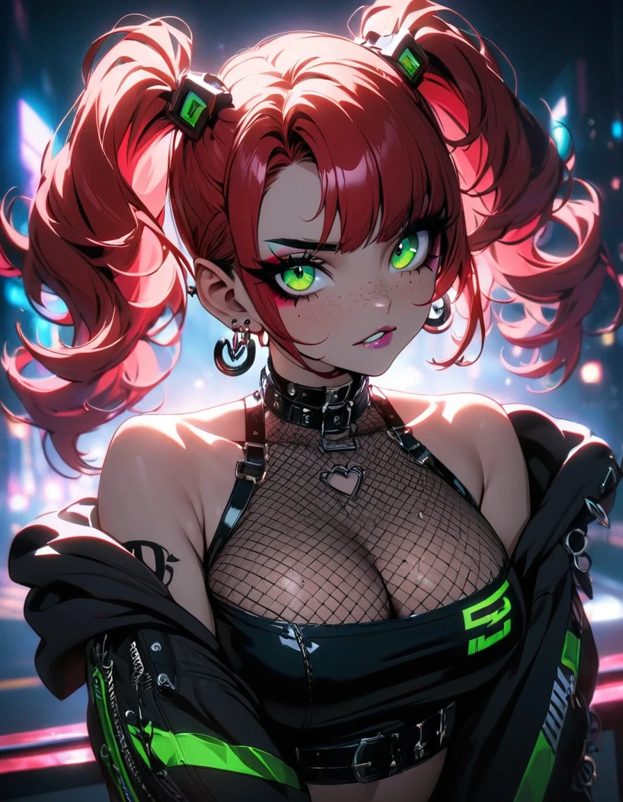 woman, curly red hair in pig tails, green eyes, eye shadow, black hoodie, black finger-less gloves, exposed shoulders, large breasts, freckles, cleavage, fishnet undershirt, looking at viewer, Holo-Punk Style, goth, earrings, eyelashes, makeup, solo, tattoo, punk aesthetic, cinematic lighting, masterpiece, best quality, face close up, biting lip