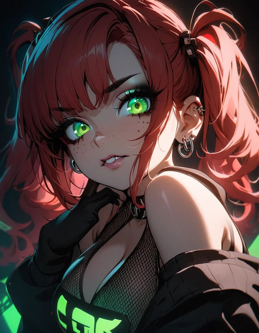 woman, curly red hair in pig tails, green eyes, eye shadow, black hoodie, black finger-less gloves, exposed shoulders, large breasts, freckles, cleavage, fishnet undershirt, looking at viewer, Holo-Punk Style, goth, earrings, eyelashes, makeup, solo, tattoo, punk aesthetic, cinematic lighting, masterpiece, best quality, face close up, biting lip