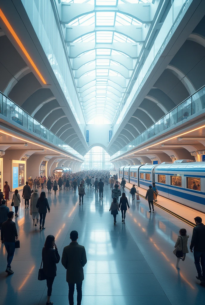 Futuristic transportation hub in the near future, evolved in response to recent advancements in high-speed travel technology. The hub features sleek, elevated maglev trains and hyperloop stations that have dramatically reduced travel times. The architecture is characterized by streamlined, aerodynamic structures and transparent walkways offering panoramic views of the city. The area includes automated check-in and boarding systems, advanced AI navigation aids, and energy-efficient lighting. Interactive digital screens provide real-time updates on global transportation news and environmental impact. The scene is busy with diverse travelers and futuristic transport systems seamlessly integrating into the urban landscape. The image should be in high resolution (4K or higher) and depict a broad view of this modern transportation center, emphasizing the latest innovations in travel technology and their impact on city life.