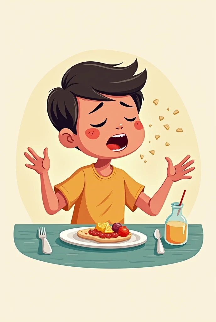 I am looking for an illustration of choking on food in the following style:drawing style: Modern and vector, with smooth, clean lines, and vibrant colors. Cartoonish but realistic. Color: Using a palette of bright and contrasting colors that are pleasant and eye-catching. FORMAT: Illustrations arranged in a book or manual style. This illustration is intended for a guidance and training manual, so it must be clear, accessible and visually appealing."