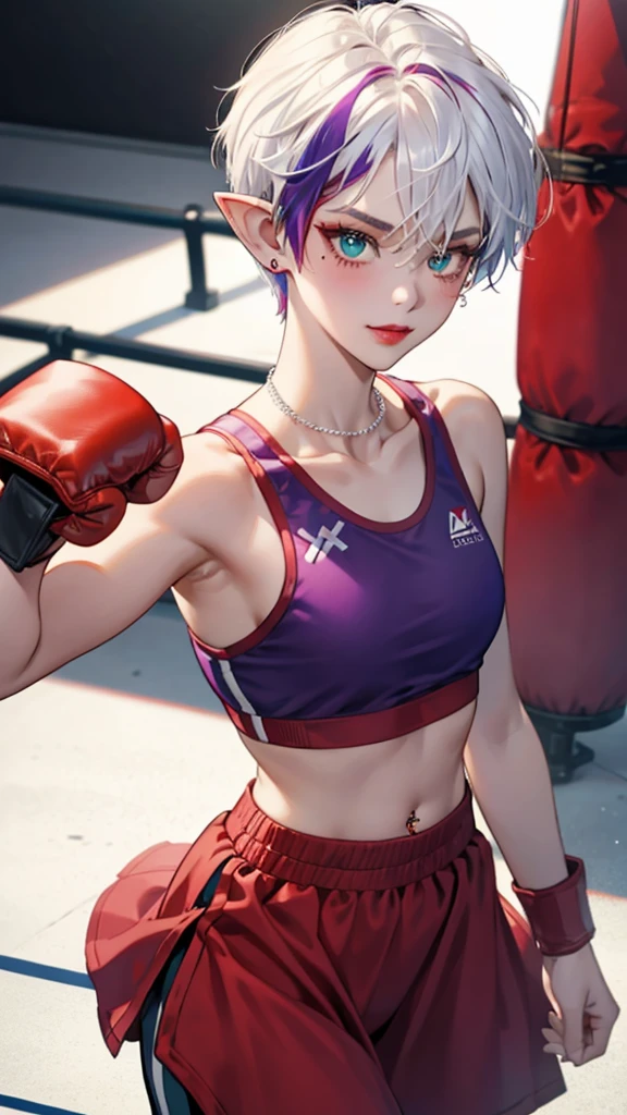  2D anime picture, (anime style 1), single female arrogant boxer, 20 years old, sadistic, Japanese, beautiful long black hairstyle, lush breasts, in black high neck crop top, in black leggings, in violet boxing gloves стоит возле боксёрском ринге, in empty gym, night 