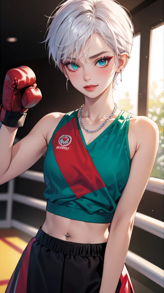 8k, masterpiece, best quality, highly detailed, 1 girl, elf, pixie cut, multicolored hair, very short straight hair red highlight hair on white hair, strippled hair, earrings, navel piercing, red eyeshadow, long eyelashes, blushed cheek, red lips, pearl necklace, rings, collarbone, mole on face, glamorous, teal and purple clothes, sleeveless, sport skirt, sport bra, smirk, close up view, rings, looking at viewer, boxing gym, boxing glove, MMA 