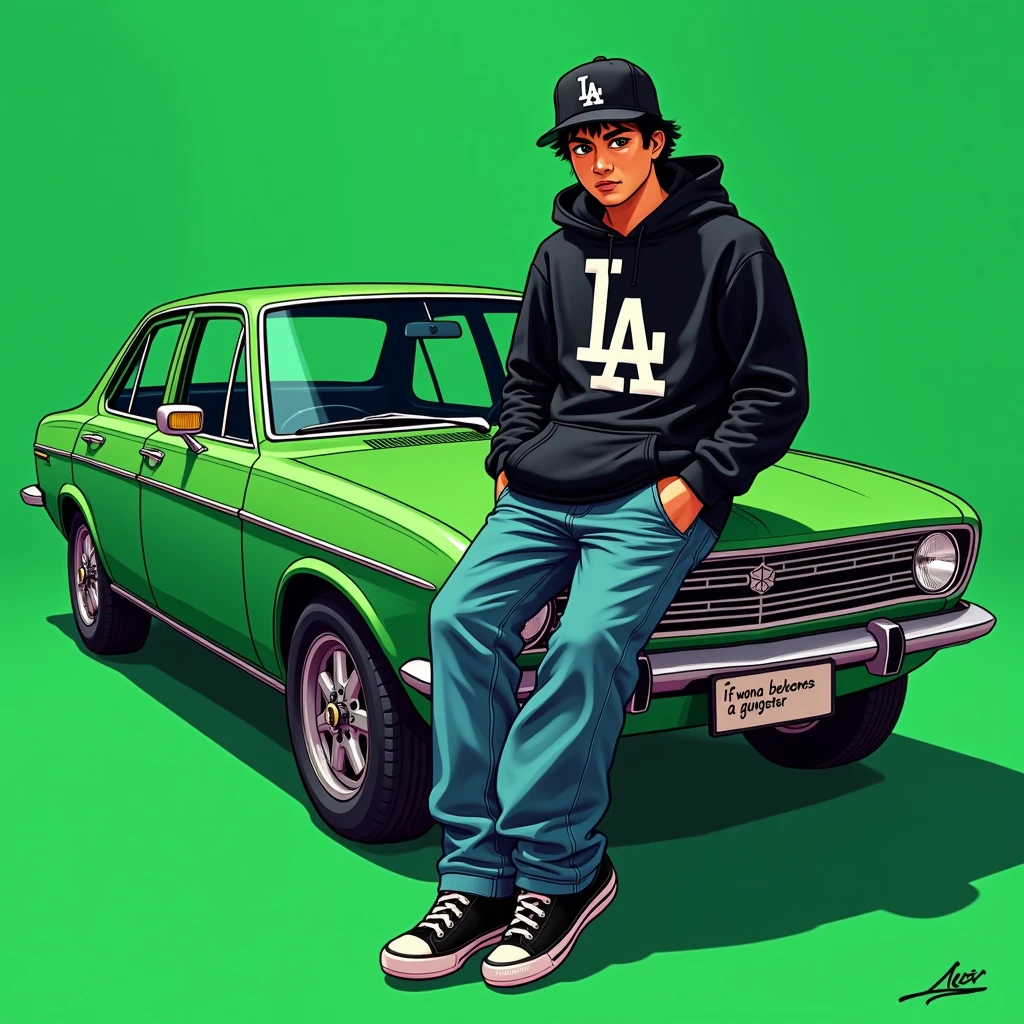G-FUNK Hip Hop album cover, green background, green car, with the words If WONA behemes a gangster on the back of the picture, an Asian teenager wearing a black LA hoodie, a black LA ball cap with a deep press and a wide pair of jeans down, a troublemaker boy sits on the bonnet of a car and lets the car out to the side