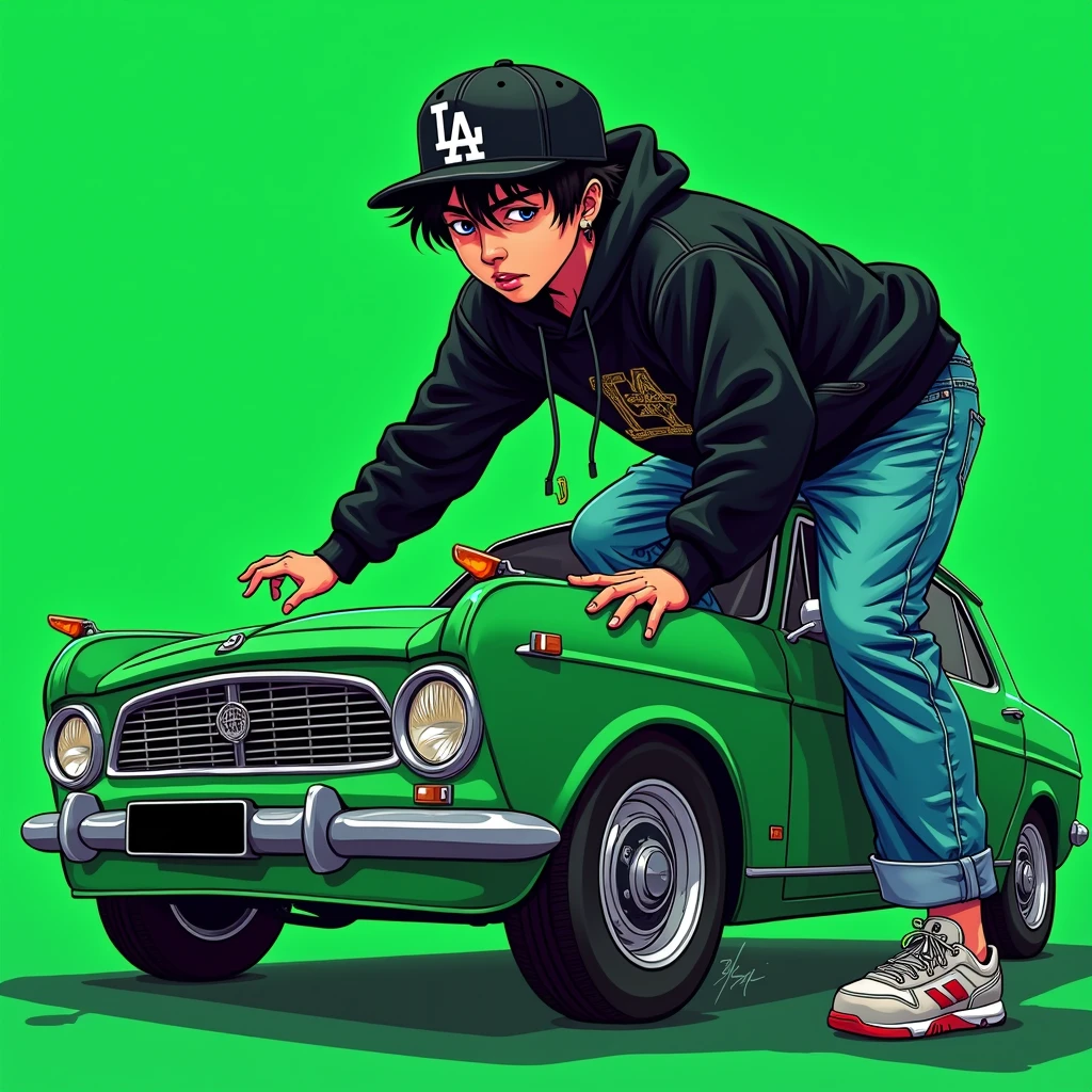 G-FUNK Hip Hop album cover, green background, green car, with the words If WONA behemes a gangster on the back of the picture, an Asian teenager wearing a black LA hoodie, a black LA ball cap with a deep press and a wide pair of jeans down, a troublemaker boy sits on the bonnet of a car and lets the car out to the side