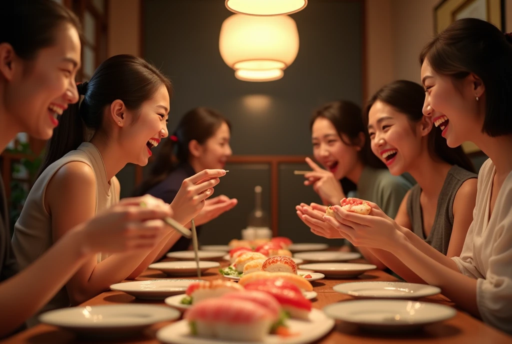 happy people tasting sushi