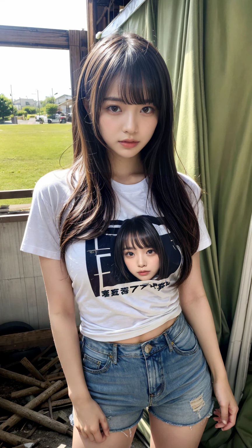 (Details High quality, realistic depiction of eyes:1.3), Tattered clothes, (The collapsed room), (Inside the barrack tent), (wearing a tattered and dirty t-shirt.:1.1), Wearing baggy pants, dirty body, (Messy long hair), black hair color, Big Natural Color Lip, crying a little、Harajuku style、20 year old girl、cute type、ta, Gravure Idol, full body photo、focus on crotch, huge breasts