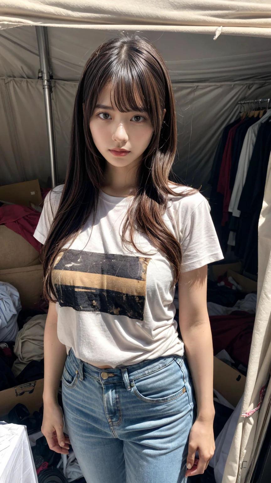 (Details High quality, realistic depiction of eyes:1.3), Tattered clothes, (The collapsed room), (Inside the barrack tent), (wearing a tattered and dirty t-shirt.:1.1), Wearing baggy pants, dirty body, (Messy long hair), black hair color, Big Natural Color Lip,  crying a little、Harajuku style、20 year old girl、cute type、lolita, Gravure Idol, full body photo、focus on crotch, huge breasts