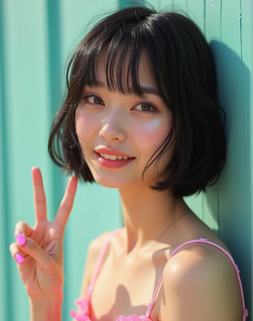 RAW photo, best quality, masterpiece, ((photorealistic)), Polish girl, 20 years old, black hair, Light grey eyes, short bob cut, hair in 7 thirds, hair over one ear, Symmetrical eyes, Detailed Skin, Detailed face, Detailed hands, Big Breasts, rip gloss, Photographed in front of a stylish pastel-colored exterior wall, smiling, eyes closed, peace sign, upper body, sunny, outdoors, detailed background, sparkling pink gel nails