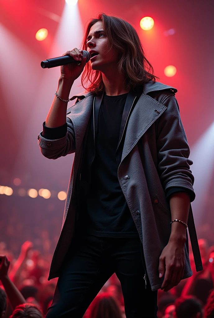 artwork best quality handsome american male ager long brown hair light skin with coat with cape and silver hood on head black long sleeve shirt underneath singing holding a microphone seen from far away at a concert with details uhq 8k details