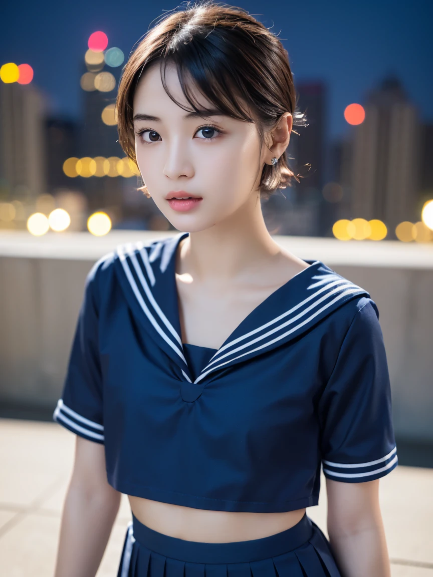 masterpiece:1.2, Very detailed, Ultra-high resolution, Realistic, photo Realistic:1.6, High-resolution RAW color photos, Professional photos, Sharp focus:1.2, Very detailed顔と肌の質感, Very beautiful eyes, Glossのある肌, Glowing Skin, Glowing Skin, Shining Face, Gloss, Oily skin, greasy face, Oily skin, greasy face,, real Glossのある肌 texture, Perfect Anatomy, Very detailed背景,(Office at night),1 female,25-year-old woman, Japanese women,height: 168cm,short hair, Straight hair, bangs, Brown Hair,((Flat Chest:1.6)),Slender legs, (See-through white short-sleeved sailor suit、Navy blue pleated mini skirt:1.5),(A sailor uniform made of wet, very transparent fabric:1.5),Earrings、