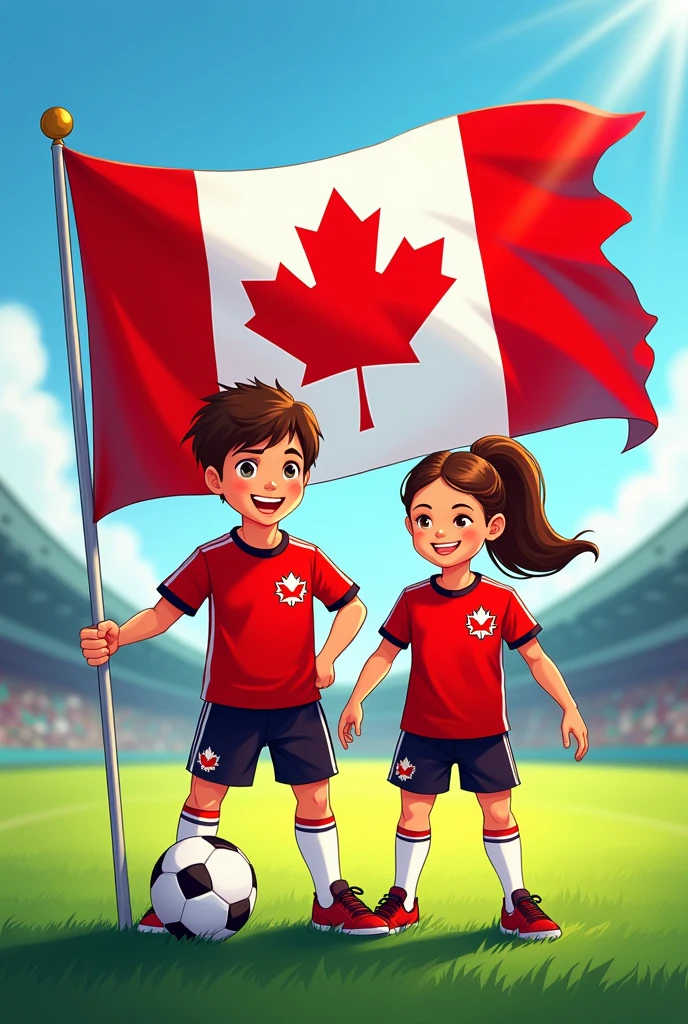 I want a poster with the measurements of one meter wide horizontally by sixty centimeters high vertically with the flag of Canada with a boy and a girl with the Canadian soccer team in a drawing.