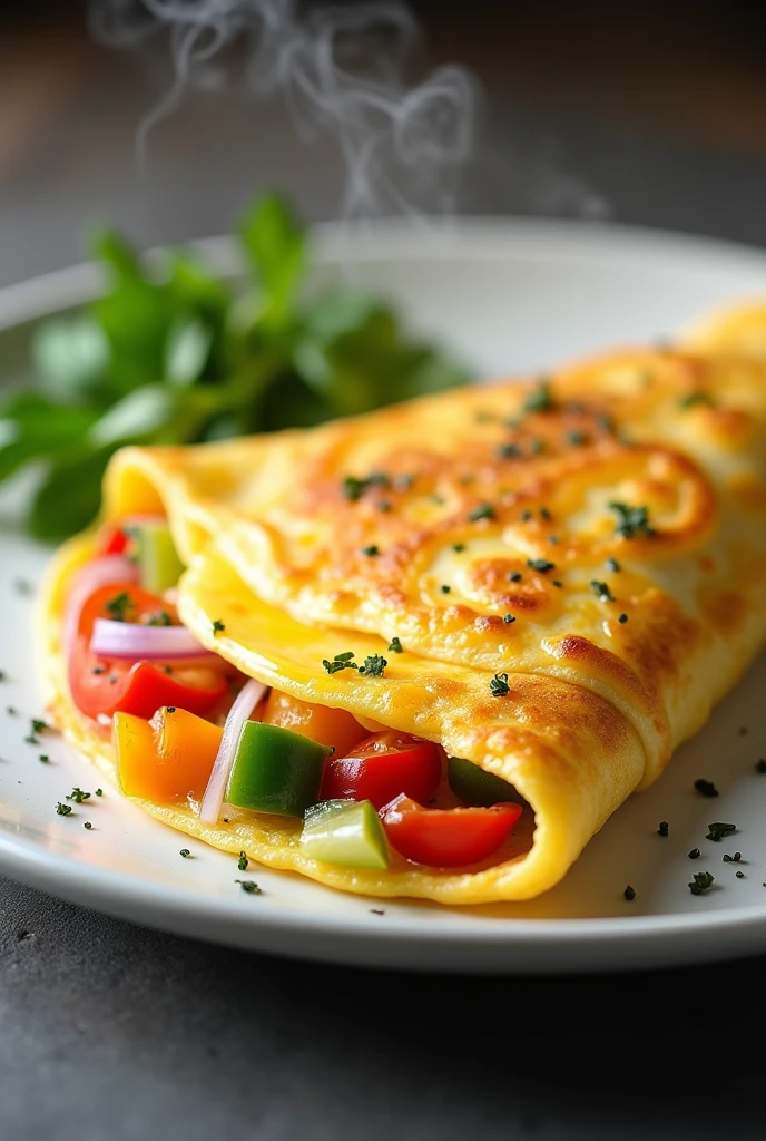 A picture of an omelette with vegetables and cheese