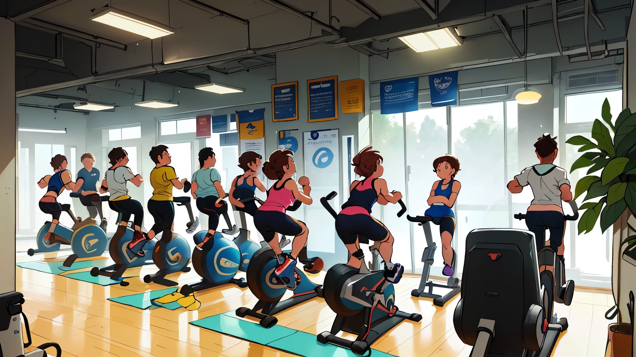 Cartoon Style,there are many people on exercise bikes in a Gym, local Gym, Hypersphere, Warm and convivial atmosphere, Gym, dim dingy Gym, in a Gym, background a Gym, hedonic treadmill, healthy, Plenty of light, Natural soft lighting, Still image, Rotation, in a planet healthy