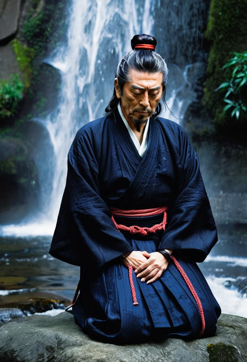 Myamoto musashi legendary japanese samurai with hands clasped standing with eyes closed near a waterfall 
