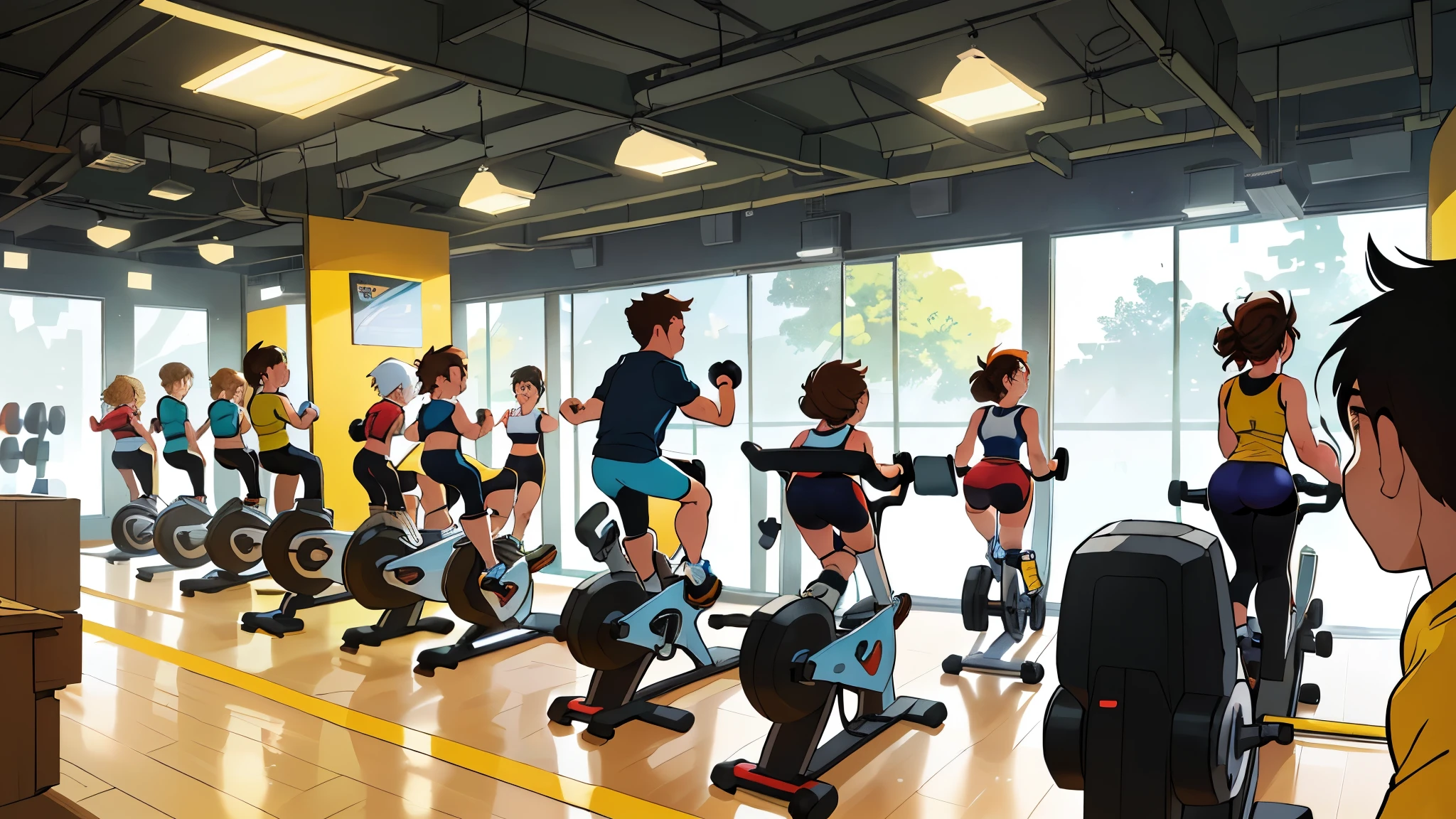 Cartoon Style,there are many people on exercise bikes in a Gym, local Gym, Hypersphere, Warm and convivial atmosphere, Gym, dim dingy Gym, in a Gym, background a Gym, hedonic treadmill, healthy, Plenty of light, Natural soft lighting, Still image, Rotation, in a planet healthy