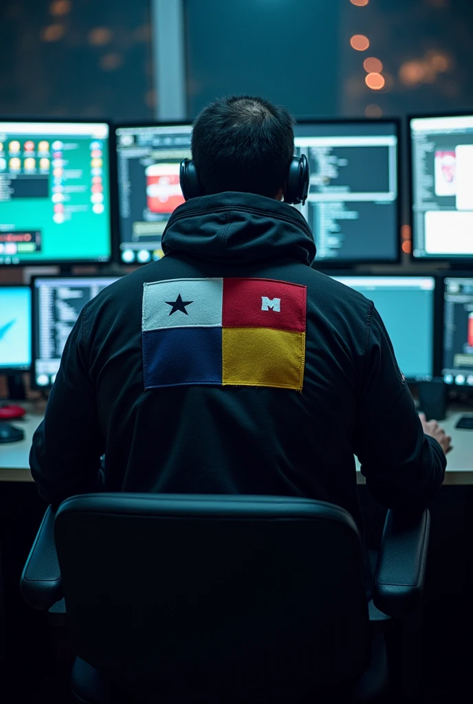 Man sitting with his back to many monitors wearing a hacker coat with the Panama flag on the back with the name written on it "King E👑🇵🇦"
