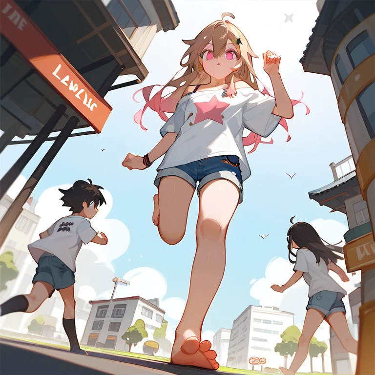 Fraction_9,Fraction_8_Direction_7_up,1个女孩露出脚Low Angle，One-leg stand，barefoot，Female Giant，Many buildings around，Low Angle，Denim shorts，There are bangs between the eyes，Off-shoulder T-shirt，Long hair，Brown haive-pointed star on hair，Perfect feet，Pink Eyes，Low Angle，There are many little people running on the ground，