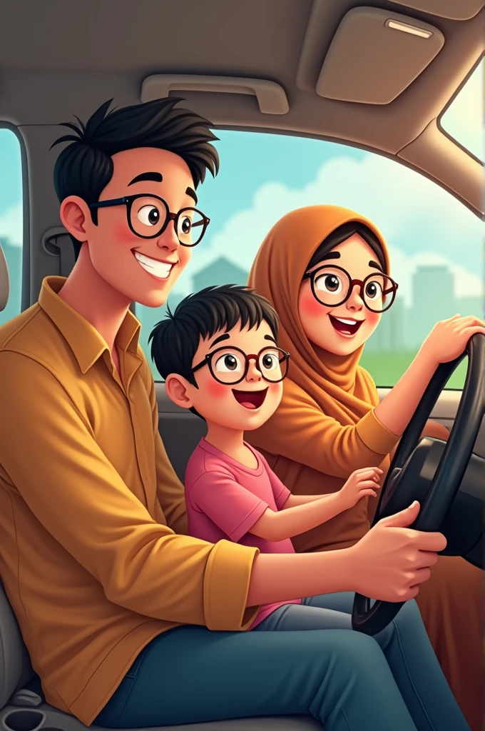 Cartoon malay man with glasses and beard together with hijab woman wearing glasses and son without glasses in produa car
