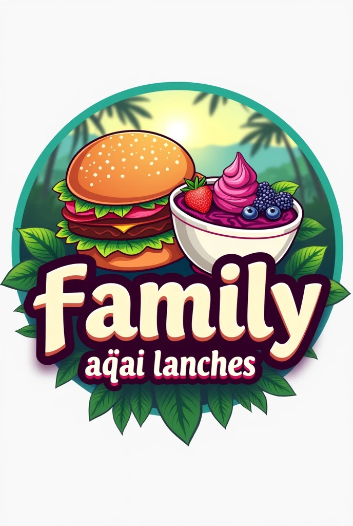 Create a logo for a food truck, with a photo of a hamburger and an açaí in the background, highlighting the sentence "Family Açai Lanches" exactly like that the sentence