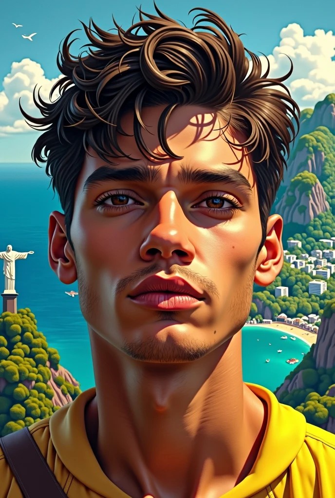 illustracion en norman rockwell style, 17 year old man, whole body, Tall Man, attractive, with fluffy blonde hair, green eyes, broad shoulders, very tall slender, calisthenics body, narrow waist, Developed legs and buttocks, detailed feet, muscular breasts, ripped athletic toned body, divine proportions, gentle look, friendly, sincere smile sitting on the beach leaning on his arms, detailed feet, erect penis under underwear,, smiling, in the background the corcobado in rio, beach bar, people swimming walking, airplanes, boats, a shark seen from behind