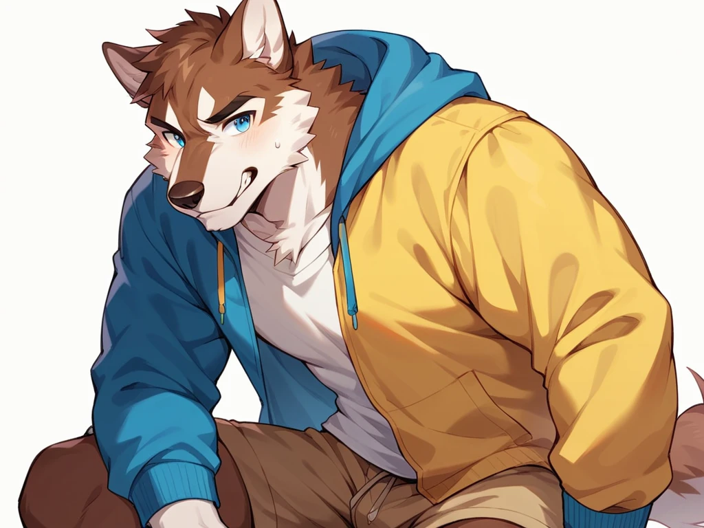 ((Best quality, masterpiece, detailed anatomy, detailed eyes, detailed hands, perfect lighting, perfect shading.)), by Buta99, by SpiritD, 1male, Wolf, brown furs, tight body, dark brown eyes, skinny body, young body, blue hoodie crop top, black jogger, black boots, smile, show sharp teeth, on the lake