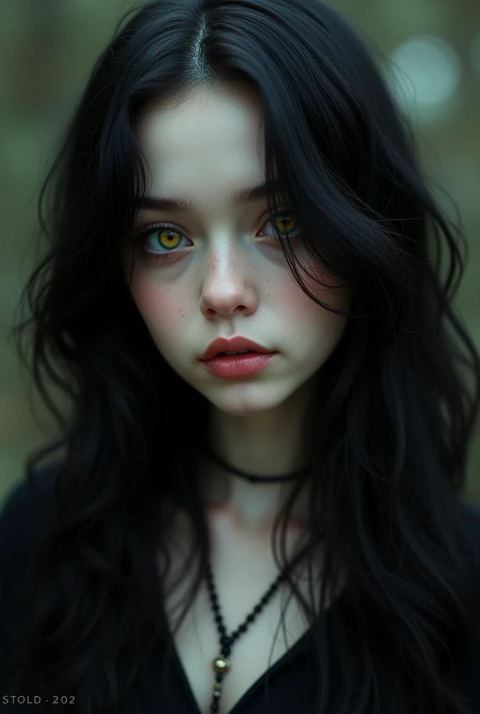 A girl with a dark aura, mysterious and attractive,despite a sweet face.
thin and striking face, fleshy lips ,yellow eyes with a striking shape,that look that makes anyone shiver, long hair,black and wavy,voluminous.
pale skin.
Innocent and natural appearance.