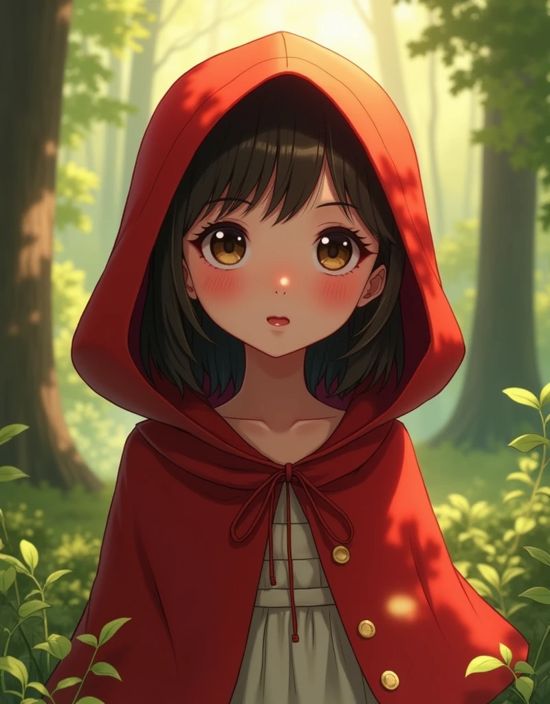 cute anime girl, little red riding hood, 1girl, beautiful detailed eyes, beautiful detailed lips, extremely detailed face and eyes, long eyelashes, red hooded cape, forest background, sunlight filtering through trees, beautiful detailed lighting, cinematic lighting, warm color palette, vibrant colors, digital painting, highly detailed, masterpiece, 8k, ultra-detailed, photorealistic, hyper detailed, sharp focus