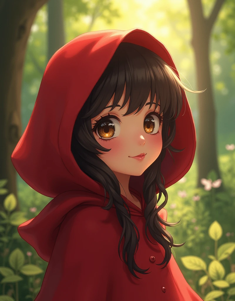 cute anime girl, little red riding hood, 1girl, beautiful detailed eyes, beautiful detailed lips, extremely detailed face and eyes, long eyelashes, red hooded cape, forest background, sunlight filtering through trees, beautiful detailed lighting, cinematic lighting, warm color palette, vibrant colors, digital painting, highly detailed, masterpiece, 8k, ultra-detailed, photorealistic, hyper detailed, sharp focus