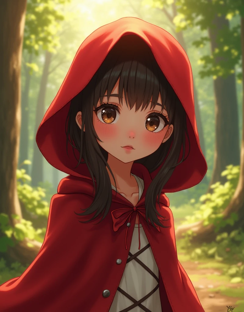 cute anime girl, little red riding hood, 1girl, beautiful detailed eyes, beautiful detailed lips, extremely detailed face and eyes, long eyelashes, red hooded cape, forest background, sunlight filtering through trees, beautiful detailed lighting, cinematic lighting, warm color palette, vibrant colors, digital painting, highly detailed, masterpiece, 8k, ultra-detailed, photorealistic, hyper detailed, sharp focus