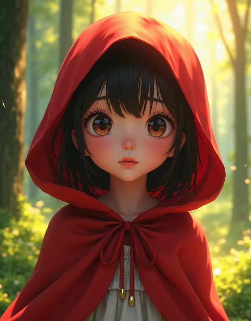 cute anime girl, little red riding hood, 1girl, beautiful detailed eyes, beautiful detailed lips, extremely detailed face and eyes, long eyelashes, red hooded cape, forest background, sunlight filtering through trees, beautiful detailed lighting, cinematic lighting, warm color palette, vibrant colors, digital painting, highly detailed, masterpiece, 8k, ultra-detailed, photorealistic, hyper detailed, sharp focus