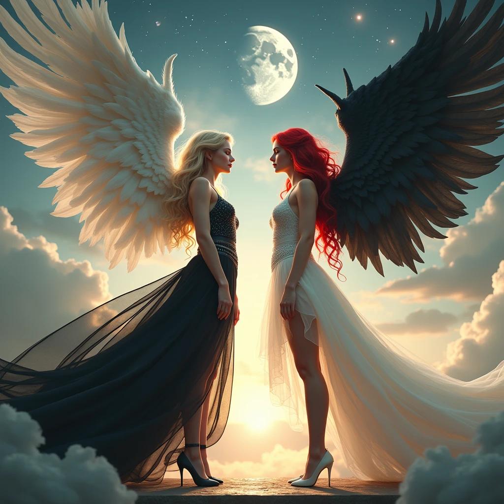 (highest quality, masterpiece, High resolution), 16K, fantasy art, RPG art a picture of (((1 female))), BREAK a (1female Angel: 1.3) , wearing intricate dress glam dress, ((black dress: 1.3)) pale skin, best details beautiful face , (blonde: 1.2) hair, long hair vy hair (green: 1.1) eye, High heelsブーツ, large Angelic wings, (white: 1.2) angelic wings spread BREAK ((and)) a (1female demon: 1.3), (red: 1.4) skin, Devil's Wings, (black: 1.1) Devil's Wings spread, Devil horns, (red: 1.1) skin, black hair, red eye, best details beautiful face, wearing a intricate dress glam dress, ((white dress: 1.3)), High heels, in the border between heaven and hell, moon, stars, cloud, god rays, soft nあturあl light silhouette, dynamic angle, Photorealism, panoramic view (Masterpiece 1.3, intense details) , Wide-angle, ultra-wide