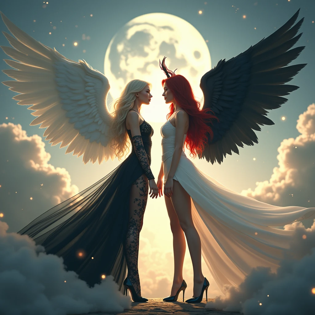 (highest quality, masterpiece, High resolution), 16K, fantasy art, RPG art a picture of (((1 female))), BREAK a (1female Angel: 1.3) , wearing intricate dress glam dress, ((black dress: 1.3)) pale skin, best details beautiful face , (blonde: 1.2) hair, long hair vy hair (green: 1.1) eye, High heelsブーツ, large Angelic wings, (white: 1.2) angelic wings spread BREAK ((and)) a (1female demon: 1.3), (red: 1.4) skin, Devil's Wings, (black: 1.1) Devil's Wings spread, Devil horns, (red: 1.1) skin, black hair, red eye, best details beautiful face, wearing a intricate dress glam dress, ((white dress: 1.3)), High heels, in the border between heaven and hell, moon, stars, cloud, god rays, soft nあturあl light silhouette, dynamic angle, Photorealism, panoramic view (Masterpiece 1.3, intense details) , Wide-angle, ultra-wide