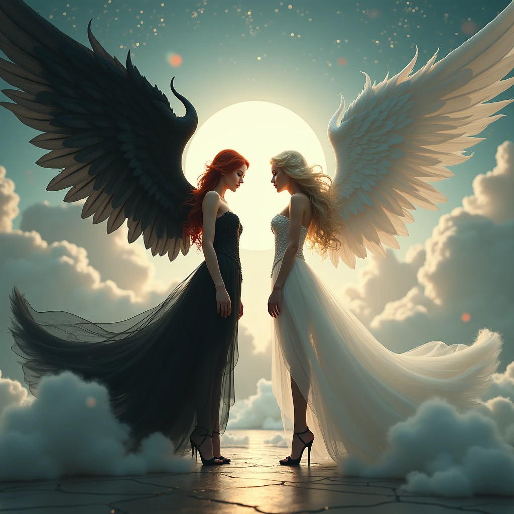 (highest quality, masterpiece, High resolution), 16K, fantasy art, RPG art a picture of (((1 female))), BREAK a (1female Angel: 1.3) , wearing intricate dress glam dress, ((black dress: 1.3)) pale skin, best details beautiful face , (blonde: 1.2)  hair, long hair vy hair  (green: 1.1) eye, High heelsブーツ,  large Angelic wings, (white: 1.2) angelic wings spread BREAK ((and))  a (1female demon: 1.3), (red: 1.4) skin, Devil&#39;s Wings, (black: 1.1) Devil&#39;s Wings spread, Devil horns, (red: 1.1) skin, black hair, red eye, best details beautiful face, wearing a intricate dress glam dress, ((white dress: 1.3)), High heels, in the border between heaven and hell, moon, stars, cloud, god rays, soft nあturあl light silhouette, dynamic angle,  Photorealism, panoramic view (Masterpiece 1.3, intense details) , Wide-angle, ultra-wide