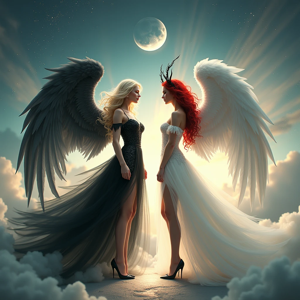 (highest quality, masterpiece, High resolution), 16K, fantasy art, RPG art a picture of (((1 female))), BREAK a (1female Angel: 1.3) , wearing intricate dress glam dress, ((black dress: 1.3)) pale skin, best details beautiful face , (blonde: 1.2) hair, long hair vy hair (green: 1.1) eye, High heelsブーツ, large Angelic wings, (white: 1.2) angelic wings spread BREAK ((and)) a (1female demon: 1.3), (red: 1.4) skin, Devil's Wings, (black: 1.1) Devil's Wings spread, Devil horns, (red: 1.1) skin, black hair, red eye, best details beautiful face, wearing a intricate dress glam dress, ((white dress: 1.3)), High heels, in the border between heaven and hell, moon, stars, cloud, god rays, soft nあturあl light silhouette, dynamic angle, Photorealism, panoramic view (Masterpiece 1.3, intense details) , Wide-angle, ultra-wide