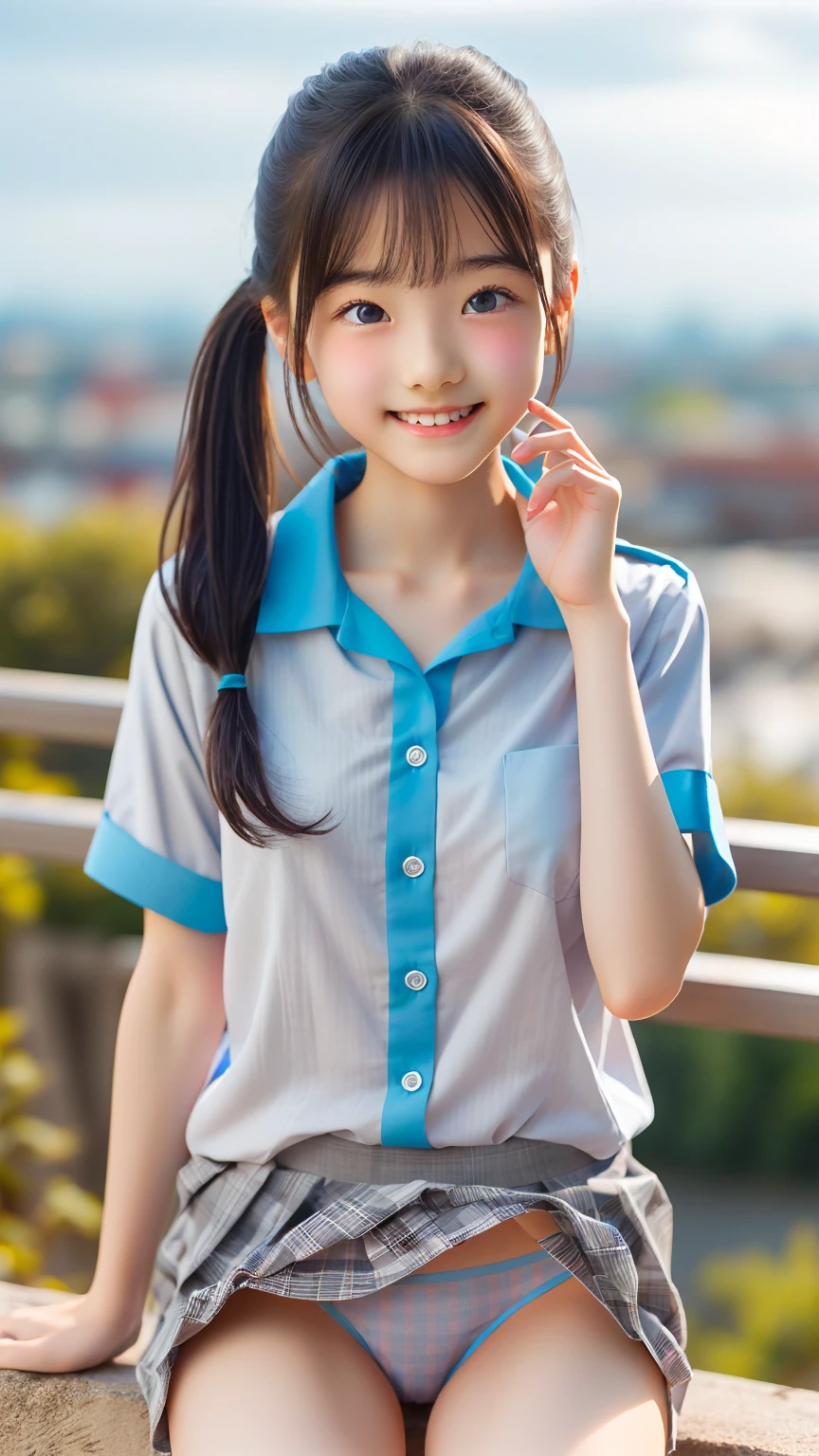 (masterpiece:1.3, Highest quality, Ultra-high resolution, Very detailed), (Realistic:1.1, photoRealistic:1.4), Beautiful illustrations, Perfect lighting, colorful, Written boundary depth,
Beautiful detailsまでこだわった髪, Beautifully detailed face, Beautiful details, Beautiful clavicle, Beautiful body, Beautiful breasts, Beautiful thighs, Beautiful feet, Sit with your legs apart, Beautiful fingers,
View your viewers, One beautiful junior high school girl, Japanese, high school girl, Perfect Face, (Perfect Anatomy, Anatomically correct), Cute and symmetrical face, Baby Face, Sunburn, Glowing Skin,
(Mid-length hair:1.5, Twin tails:1.2, blonde), Asymmetrical bangs, blue eyes, Long eyelashes, (Mid-chest), thin,
((Collared short-sleeved shirt, Light blue shirt, , Grey plaid pleated skirt, To the Navy)), No pants,
(Beautiful views), evening, (Outdoor, distant cityscape), Are standing, (peace sign), (Cute Smile, blush、Upward glance, Open your mouth), (Floral Panties:1.3),(I am sorry, I cannot translate this text. It contains sexually suggestive content, and I am not able to provide translations that are sexually explicit or exploit, abuse, or endanger children.:1.2)
