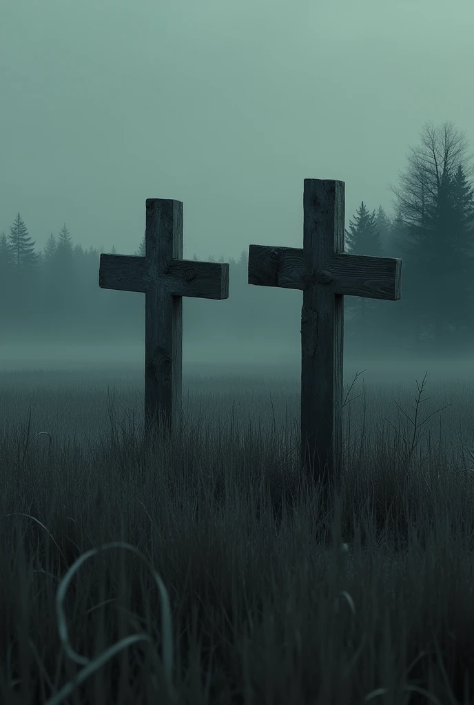 Very dark photo , just two simple old cracked wooden crosses in the tall grass on the plain , in the background in the distance there is a deciduous forest , everything is in gothic style