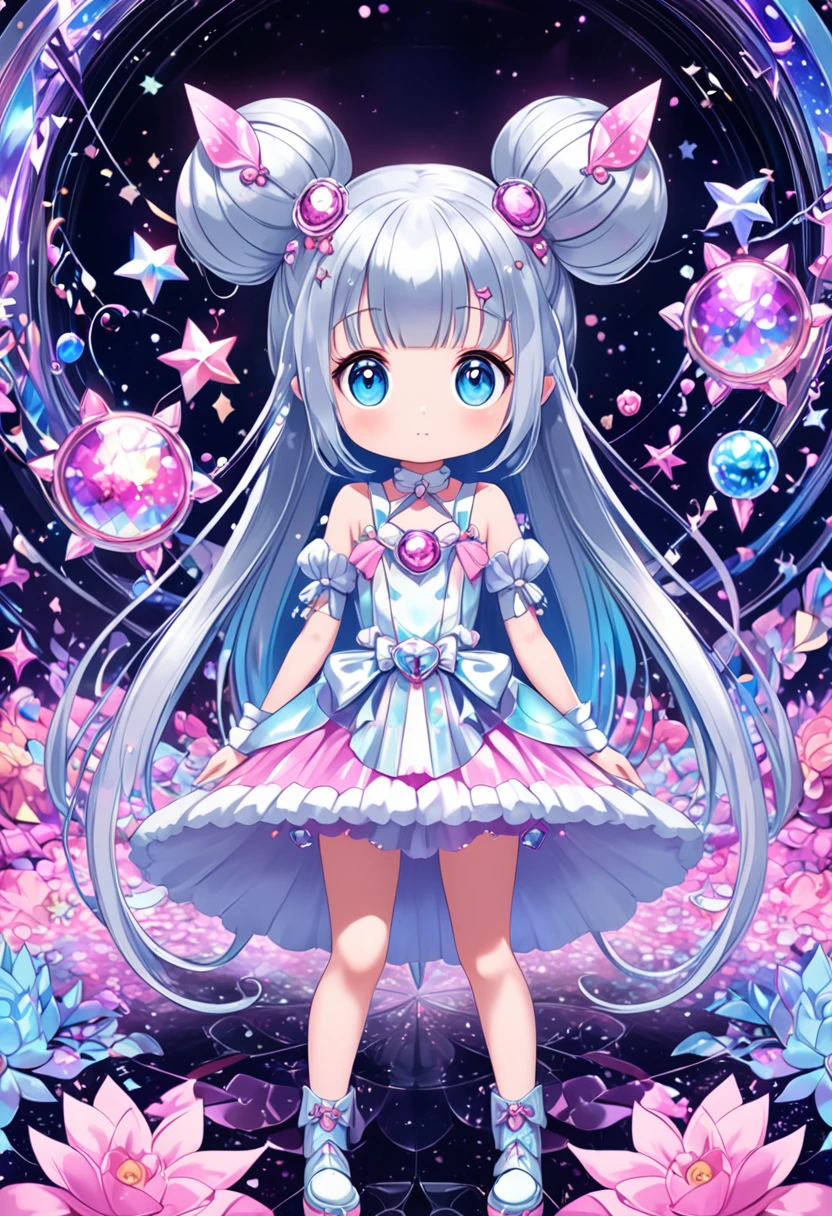 fantasy world that combines flower-punk and gem-punk, kawaii, cute magical girl, silver two side twin bun silky straight with blunt bang, cute lazy look, blue big eyes, glamorous proportions, wearing magical girl costume with a large opening at the chest, background distorted space from another dimension, cute little devils, conceptual installation art, (ultra detailed, absolutely resolution, best quality:1.3), 2.5D, delicate and dynamic effects, foggy filter effects, iridescent glitter effects, artistic, hyper, graphic CG digital fantasy art