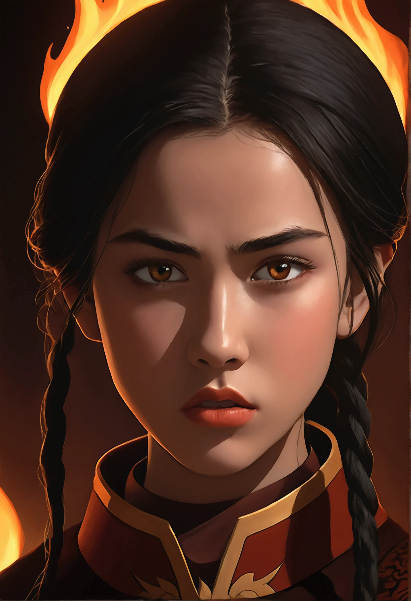 a young girl,beautiful detailed eyes,beautiful detailed lips,extremely detailed eyes and face,long eyelashes,1girl,long dark hair,fire nation princess outfit,angry expression,dramatic lighting,dark fantasy,moody colors,cinematic lighting,fantasy,highly detailed,digital painting,concept art,vibrant colors,studio lighting,dramatic pose,powerful,dynamic composition