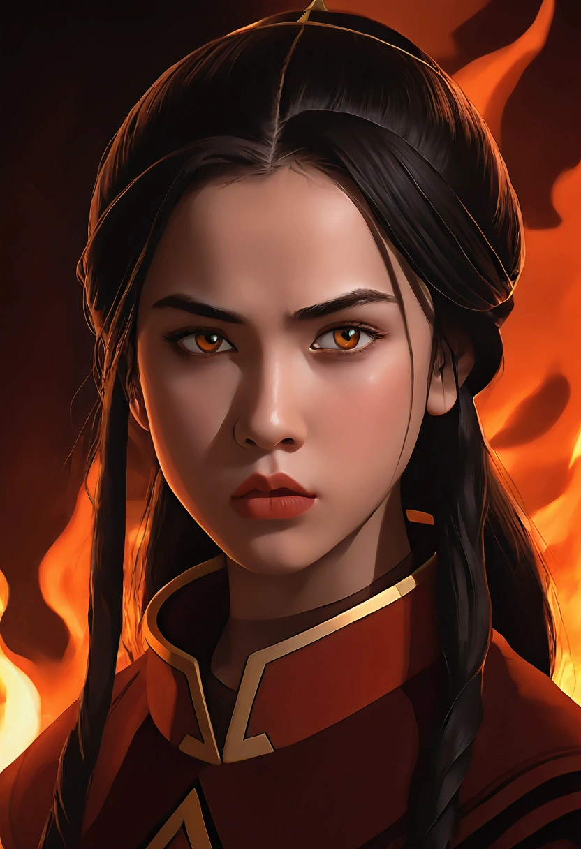 a young girl,beautiful detailed eyes,beautiful detailed lips,extremely detailed eyes and face,long eyelashes,1girl,long dark hair,fire nation princess outfit,angry expression,dramatic lighting,dark fantasy,moody colors,cinematic lighting,fantasy,highly detailed,digital painting,concept art,vibrant colors,studio lighting,dramatic pose,powerful,dynamic composition