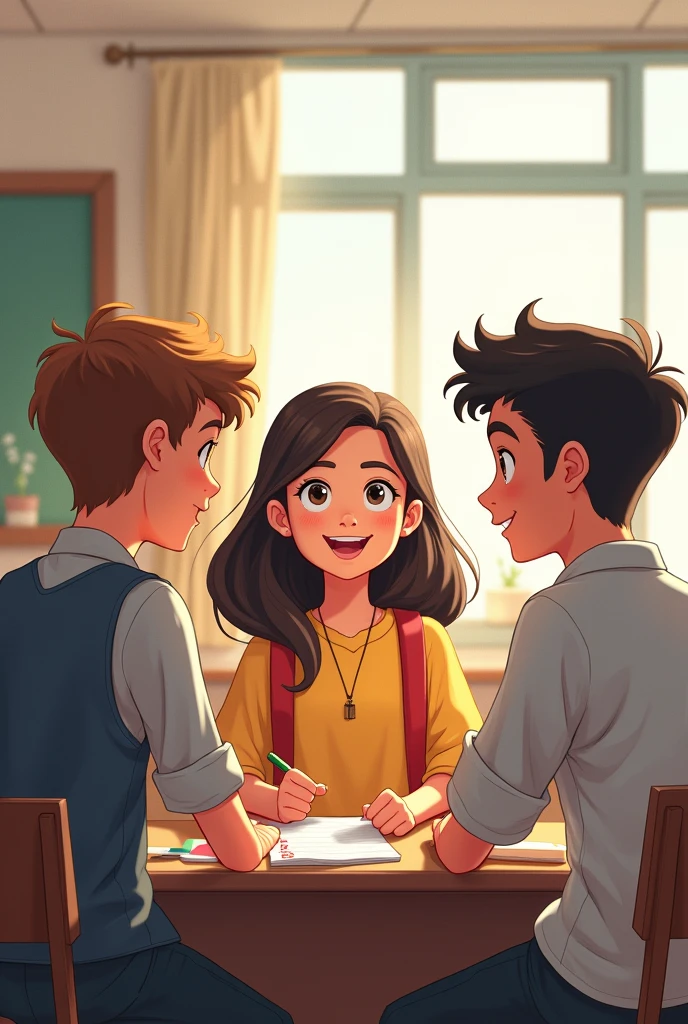 Illustration of a girl and two boys talking in a university classroom


