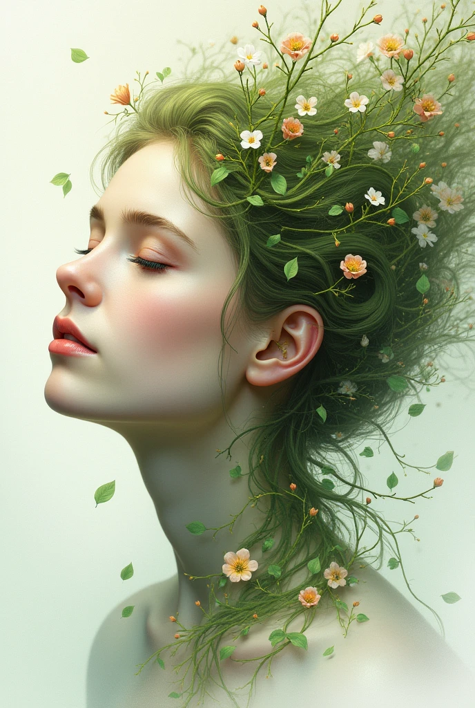 A Fusion of Nature and Human: Draw a figure that represents a human face merging with elements of nature, like leaves, flowers, or vines. The eyes could be closed, symbolizing inner peace, and the hair could flow into tree branches or flowers, representing growth and creativity. This sketch would be symbolic of the connection between humanity and the natural world, cleavage, thigh, sexy